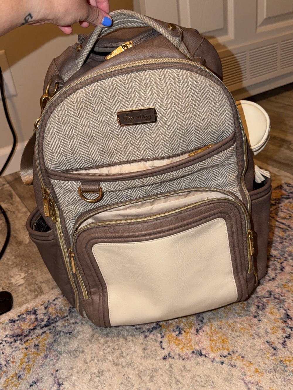 Itsy Ritzy Taupe & Cream Herringbone Diaper Bag/Paci Holder Excellent Condition